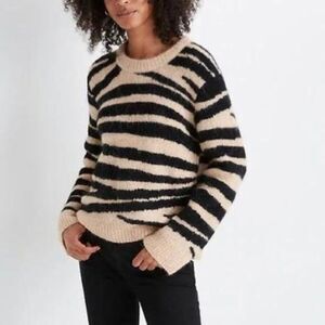 Madewell Women’s Knit Sweater XS Tan Black Zebra Stripes Alpaca Blend Indie Cozy